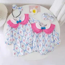 2024 Spring Sister Matching Wear Clothes for Kids Baby Girls Floral Printed A-line Dress and Rumpers with Bowknot Girl Outfits