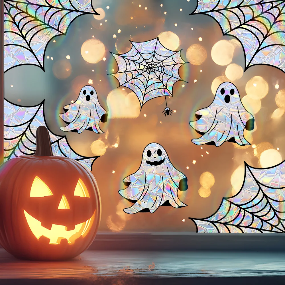 1pc Halloween Colorful Spider Web Ghost Window Stickers Sunlight Catcher Electrostatic Cling Holiday Party Window Home Art Decor