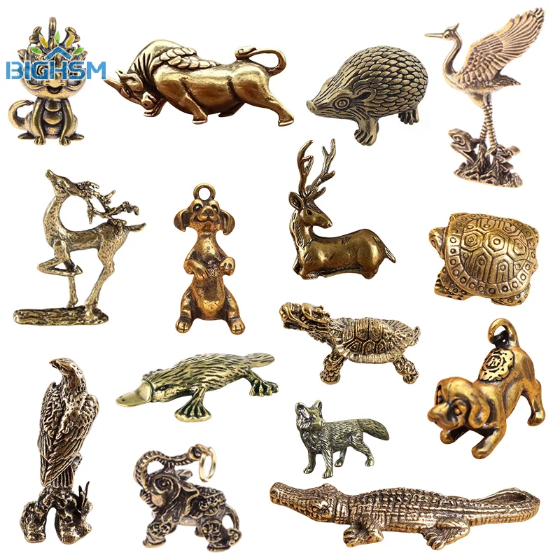 1Pcs Brass Distressed Ski Cat Figurine Miniature Tea Pet Craft Desktop Ornament Small Animal Figure Home Decoration Accessories