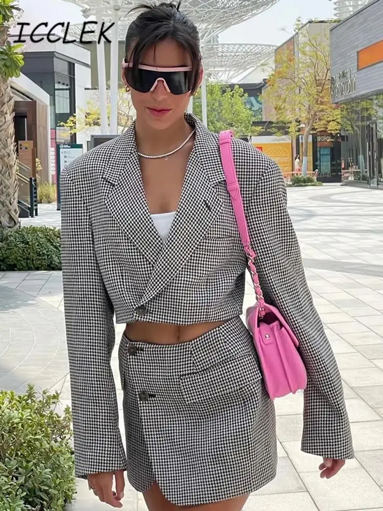 Traf Houndstooth Jacket Coats Set For Women Female Vintage Plaid Jacket Skirt Sets Y2k Shorts Sets Cropped blazer Skirts Suits