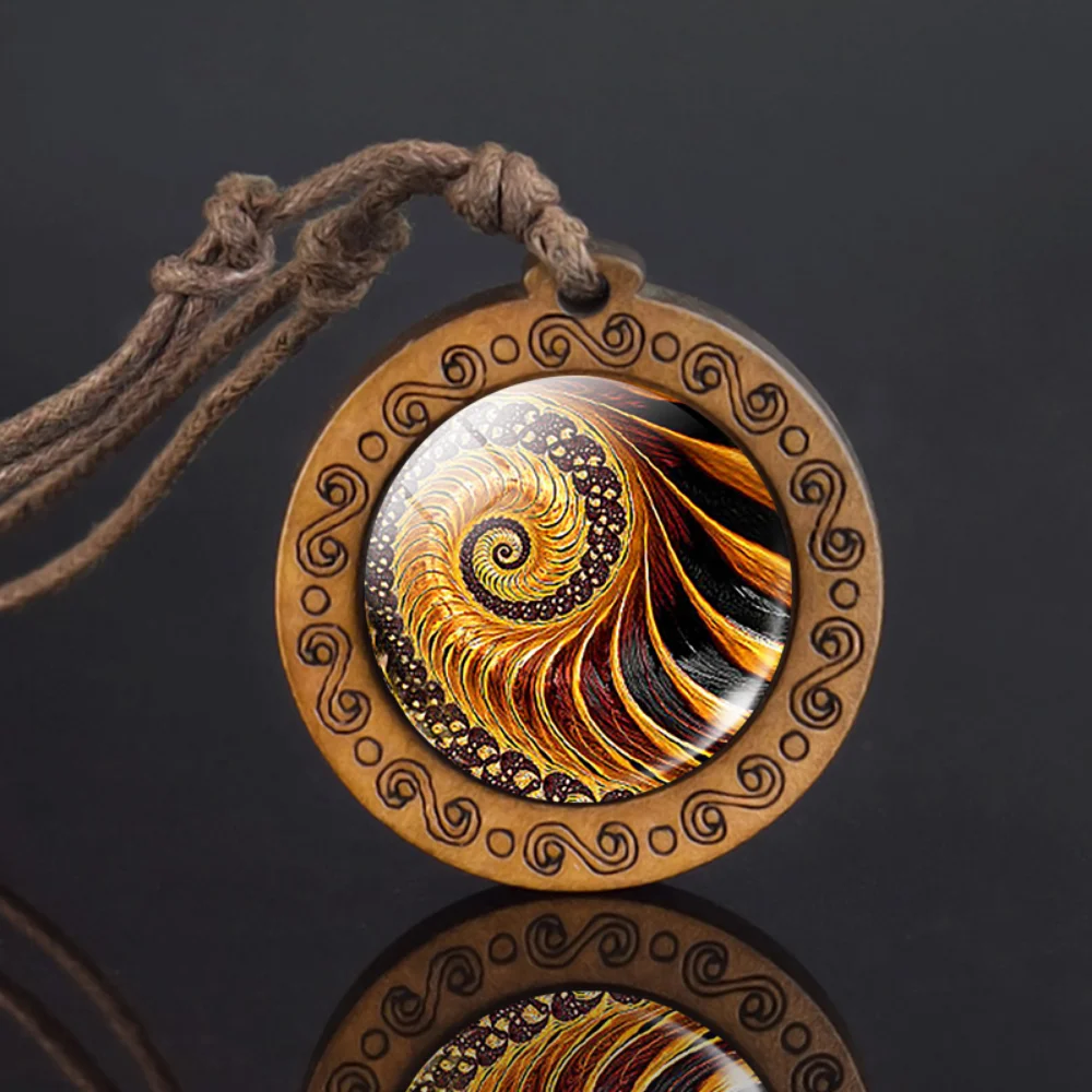 Mandala Glass Necklace Retro Art Wood Pendant Buddhist Sacred Geometry Jewelry Spiritual Yoga Gift