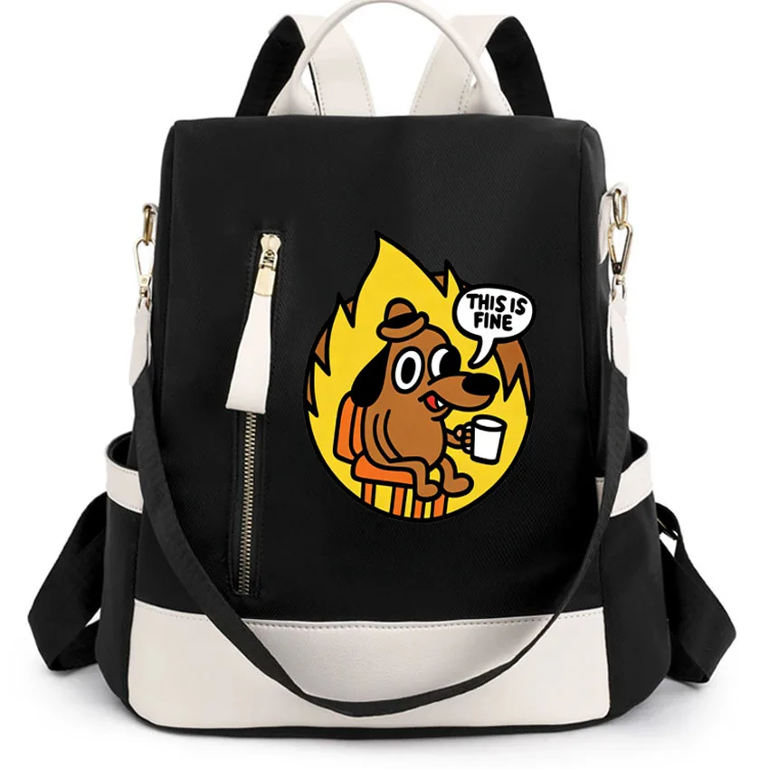 

This Is Fine Dog Printed Casual Backpack Women Black Waterproof School Bags Teenage Girls High Quality Fashion Travel Packbag