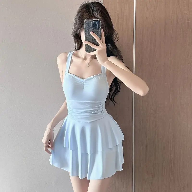 Korean Sweet Girls One-piece Swimsuit Sexy Women Halter Bikinis Swimwear Aesthetics Mini Beach Dress with Cover Ups Bathing Suit