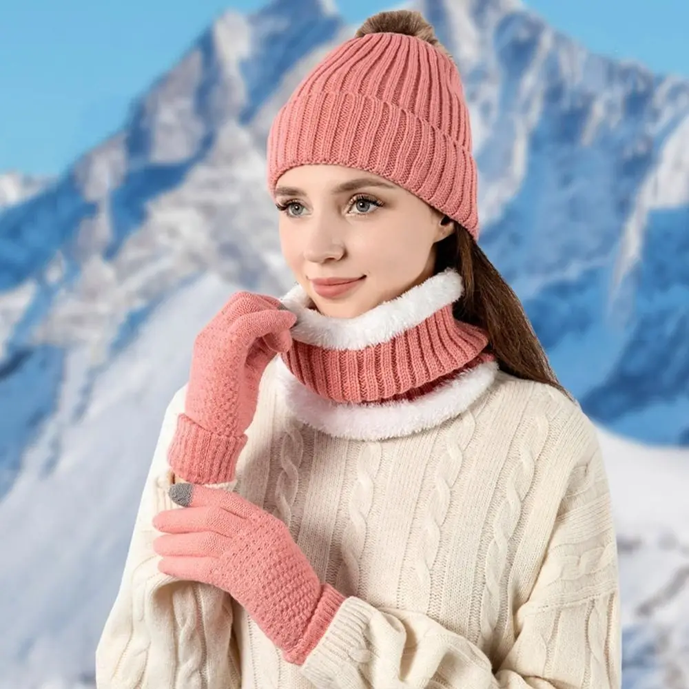3Pcs/Set Set Topi, Syal, dan Sarung Tangan Musim Dingin yang Hangat, Set Beanie Rajut dengan Lapisan Tebal, Syal Elastis Lembut, Penghangat Leher untuk Pria Wanita