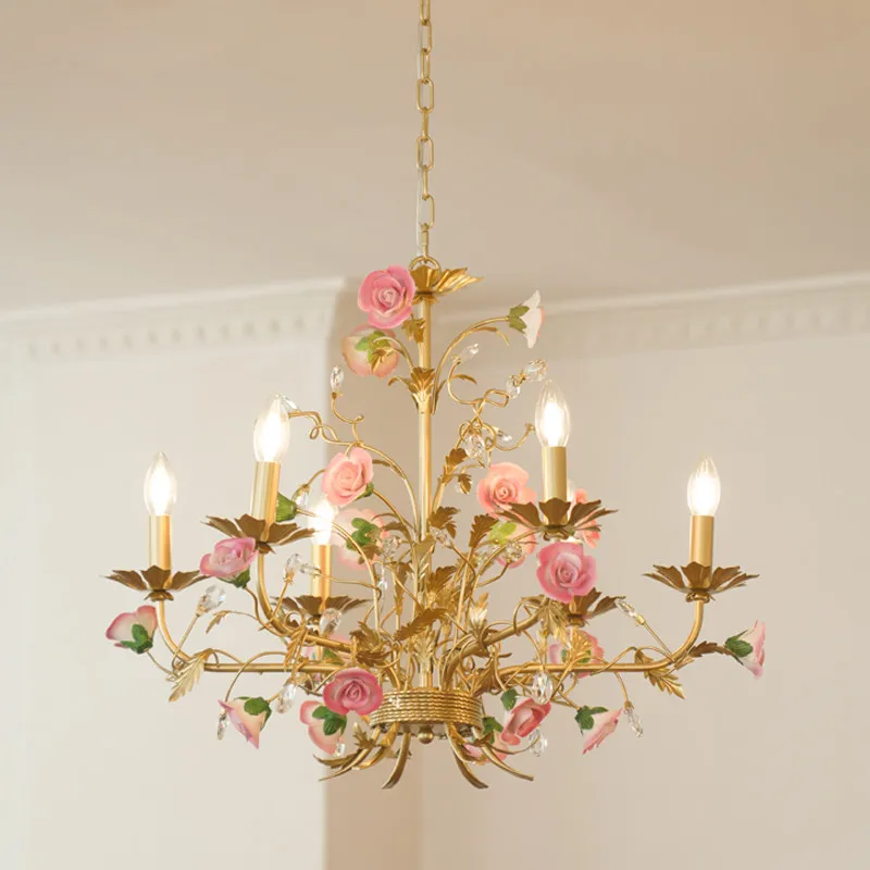 

American Retro Led Pendant Light Home Decoration Living Room Dining Room Pink Ceramic Rose Pendant Light Bedroom Lighting