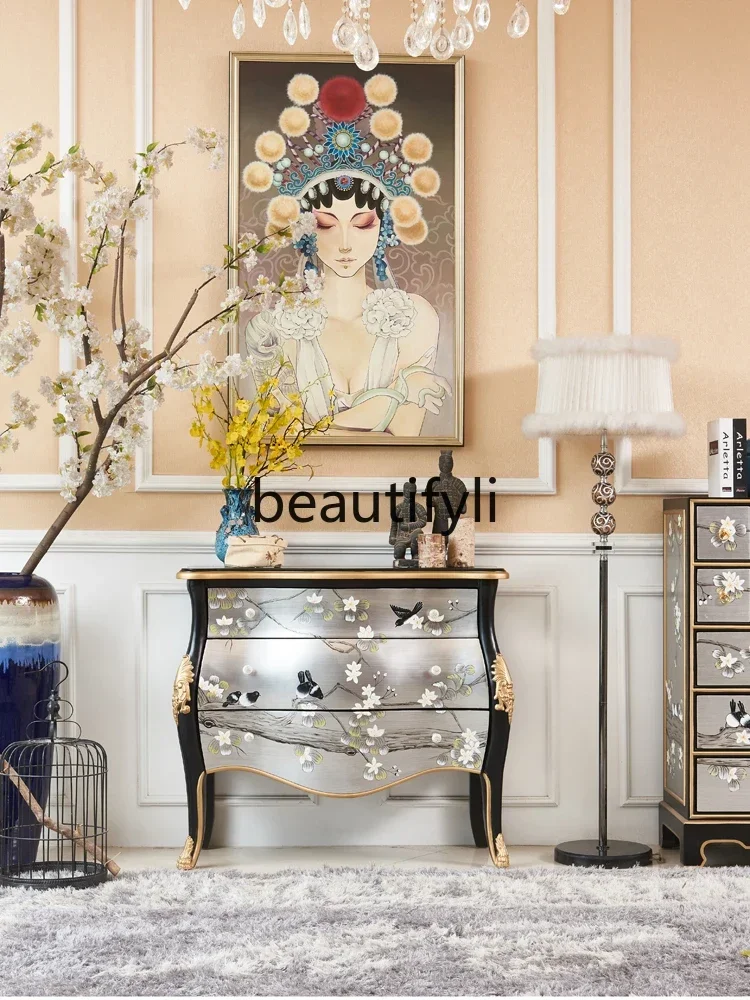 

ss CNew Chinese-style entrance cabinet silver foil painted flowers and birds original classic living room decorative cabinet loc