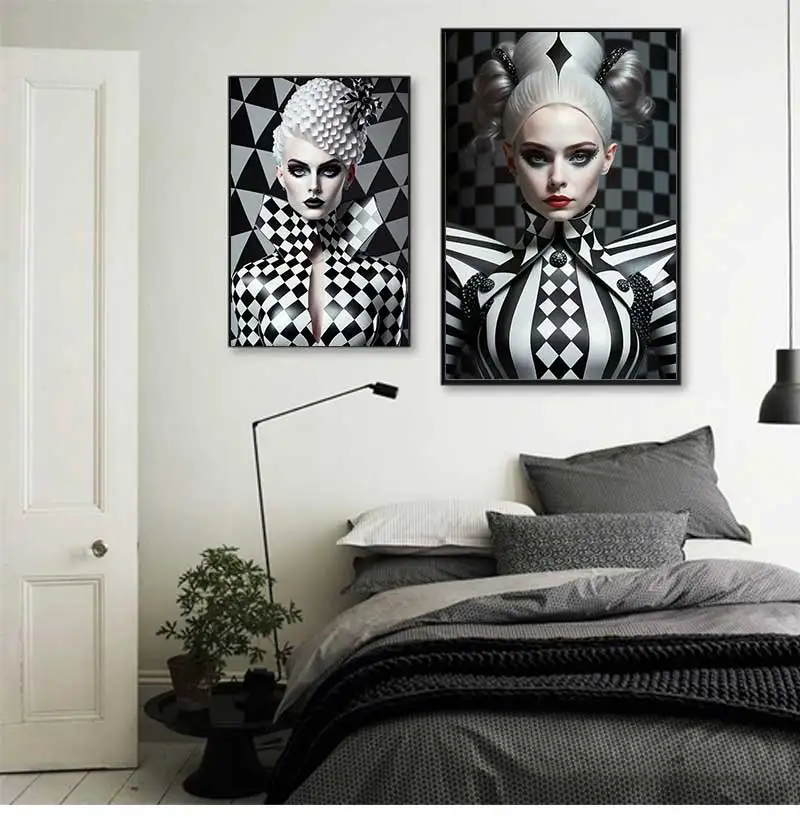 Canvas Painting Fantasy Woman Art Portrait Poster Gothic Black White Geometry Chess Queen Wall Art For Home Decor Gift