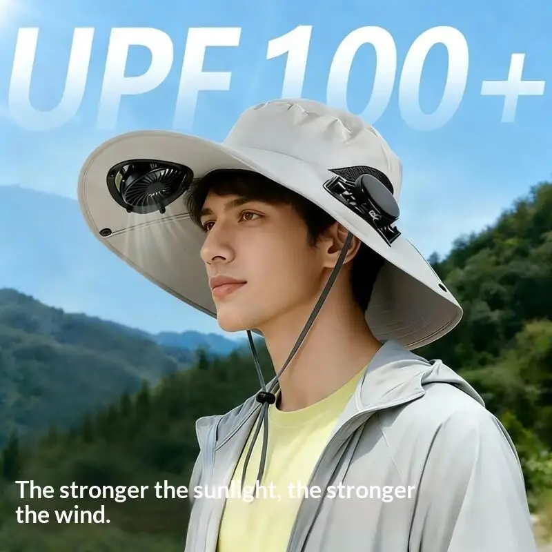 【IIOO】Men Quick Dry Bucket Hat Large Hat Brim Sun Hat With Solar Powered Fan USB Rechargeable For Outdoor Hiking Camping Fishing