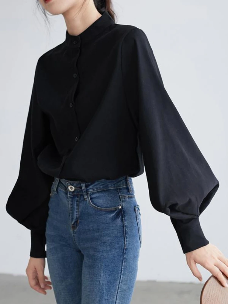 

Shirts Women Stand Collar Stylish Temperament Lantern Sleeve Mujer Blusas Korean Style New Elegant Ladies Casual Straight Spring