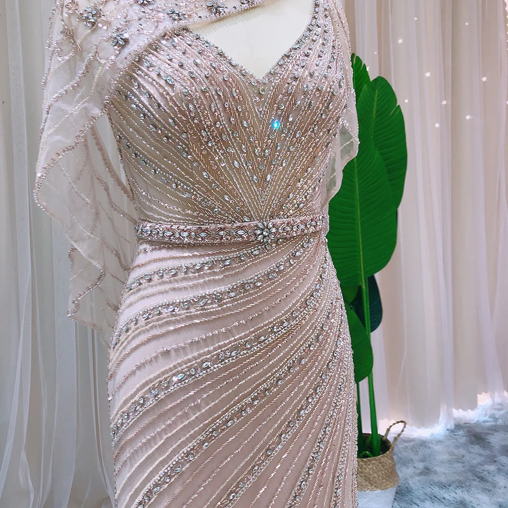 Jancember Arabic Champagne Dubai Mermaid Evening Dress With Cape Luxury Bead Formal Prom Dresses For Women Wedding Party Scz203