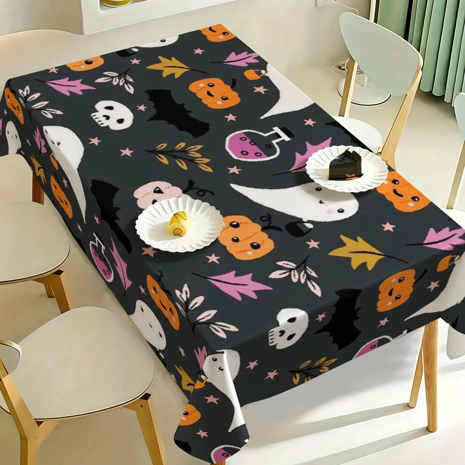 1pc Tablecloth with Orange-Yellow Stripes and Pumpkin Wheat Ear Pattern, Suitable for Thanksgiving, Halloween, Autumn Harvest Ce