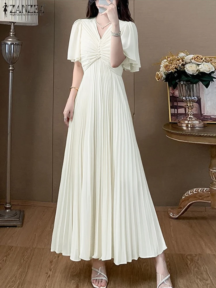 

Women Pleated Long Dress Fashion Flare Short Sleeve Vestidos Elegant V Neck Office Work Sundress Casual Loose Robe 2025 ZANZEA