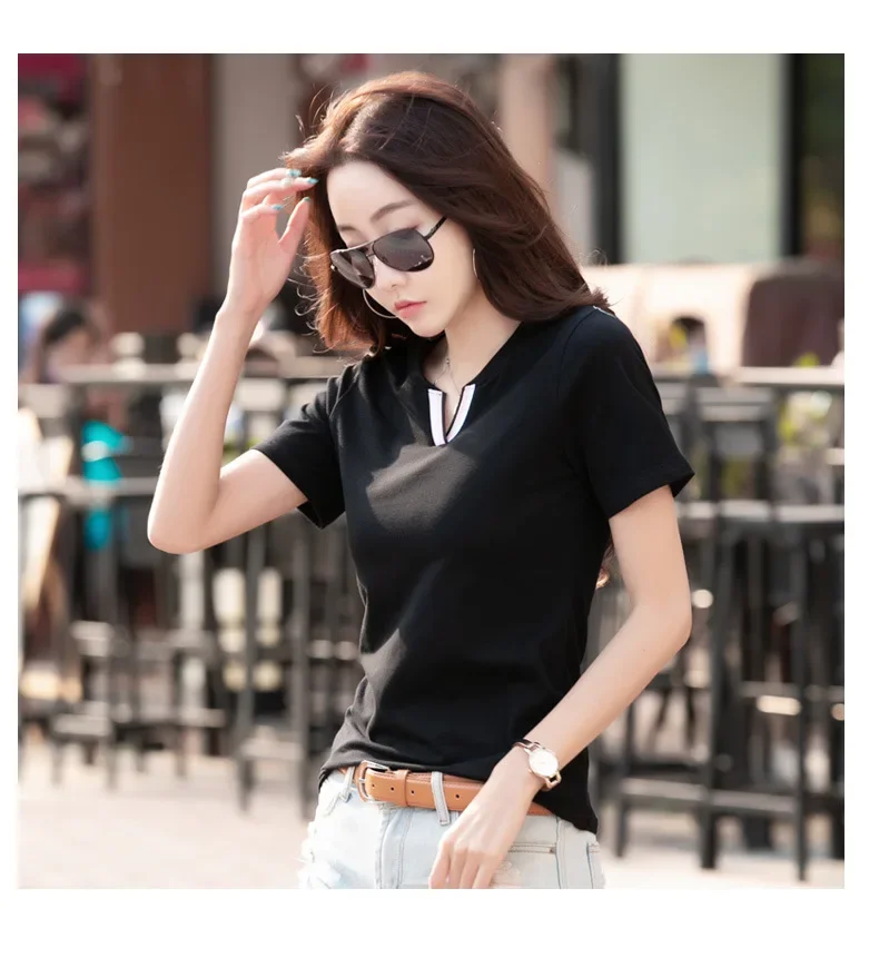 2025 جديد الكورية الصيف موضة الخامس الرقبة تي شيرتات قصيرة الاكمام للنساء أسفل قميص و طالب Y2k قميص حريمي للنساء