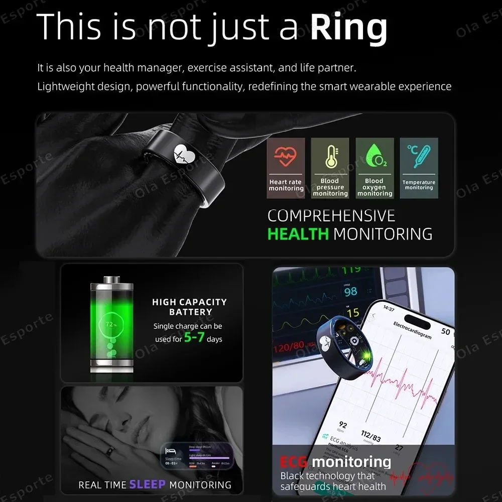 QINO R30 ECG Body Temperature Smart Health Ring Blood Pressure Sleep Monitoring  Waterproof Multiple Sport Modes Smart Ring