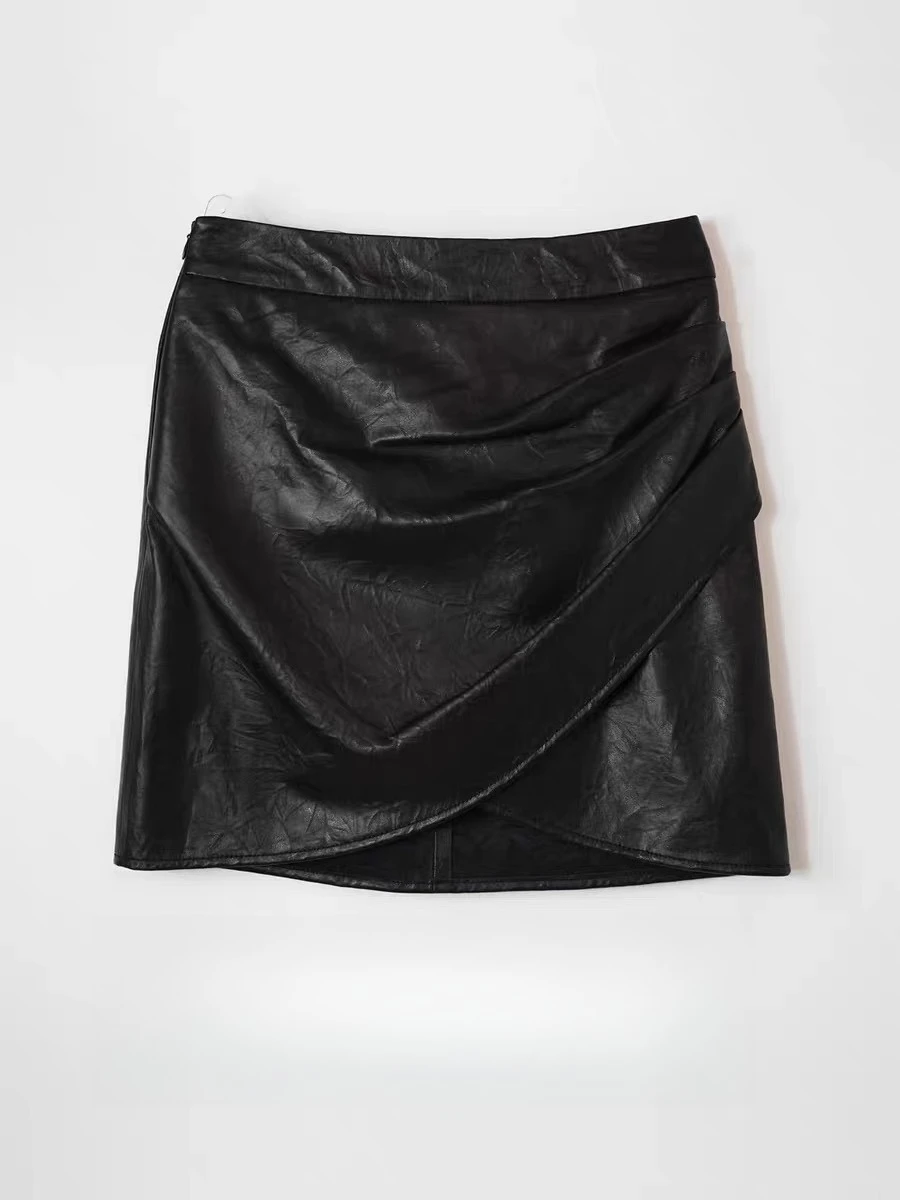 2025 Leather Mini Skirt for Women High-end 100% Sheepskin Short Sexy Front O-shape Scratch wrinkles Mini Skort