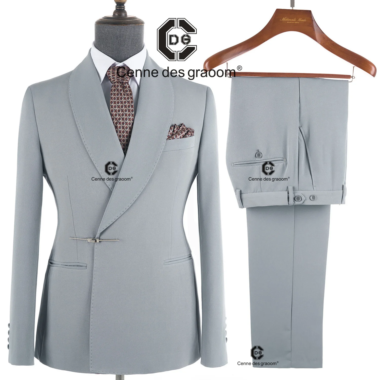 Cenne Des Graoom 2025 New Elegant Light Grey Men Suits Metal Side Release Buckle 2 Pieces Set High Quality Wedding Party Dinner