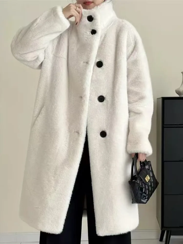 [EWQ] Simple Long Sleeve Single Breasted Faux Mink Fur Coat Women Winter Fluffy Plush Warm Thicken Outerwear 2024 New 16O3505