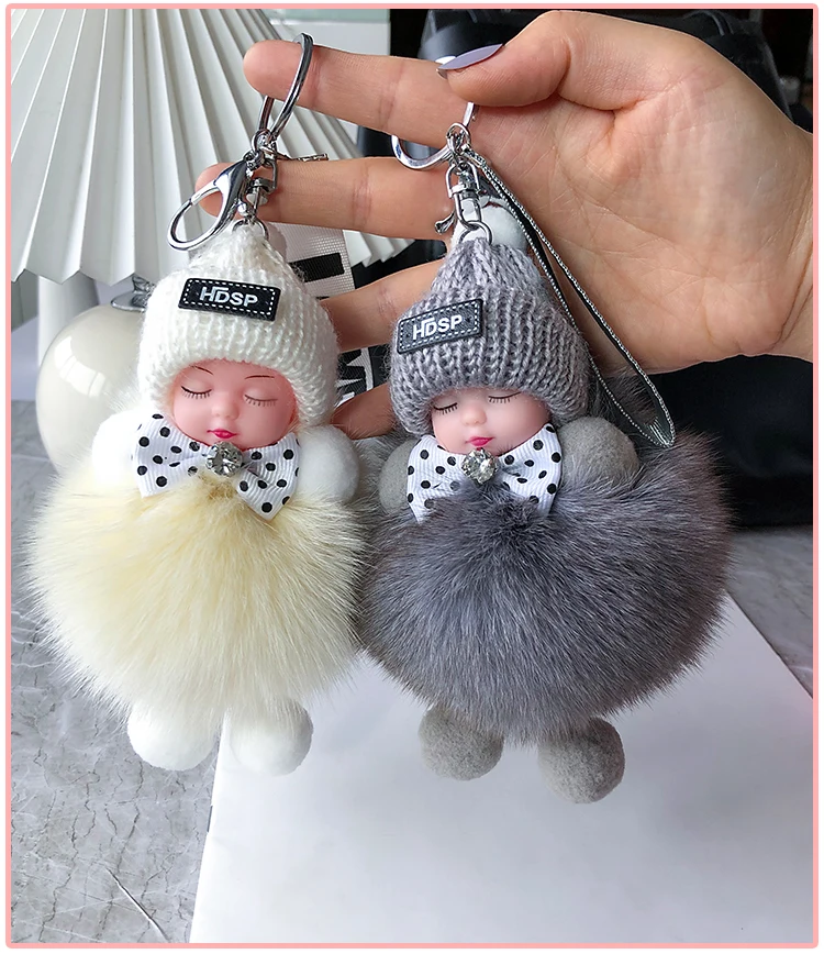 Lovely Sleepy Baby With Pretty Smooth Fox Fur Bag Chain Key Ring K011