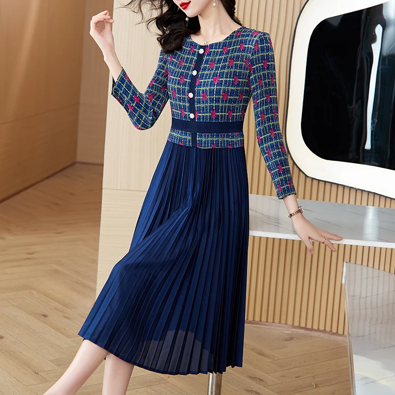 Ozhouzhan Pleat Dress 2024 Spring New Fashion round Neck Print Patchwork Slim fit Pleated Sanzhai Magic Skirt