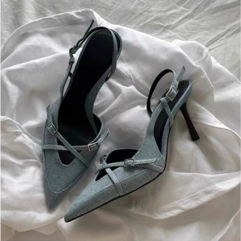 

Sexy Pointed Toe High Heel Sandals for Lady Blue Denim Stilettos Fashion Buckle Strap Elegant Women's Shoes 2026 Summer Footwear