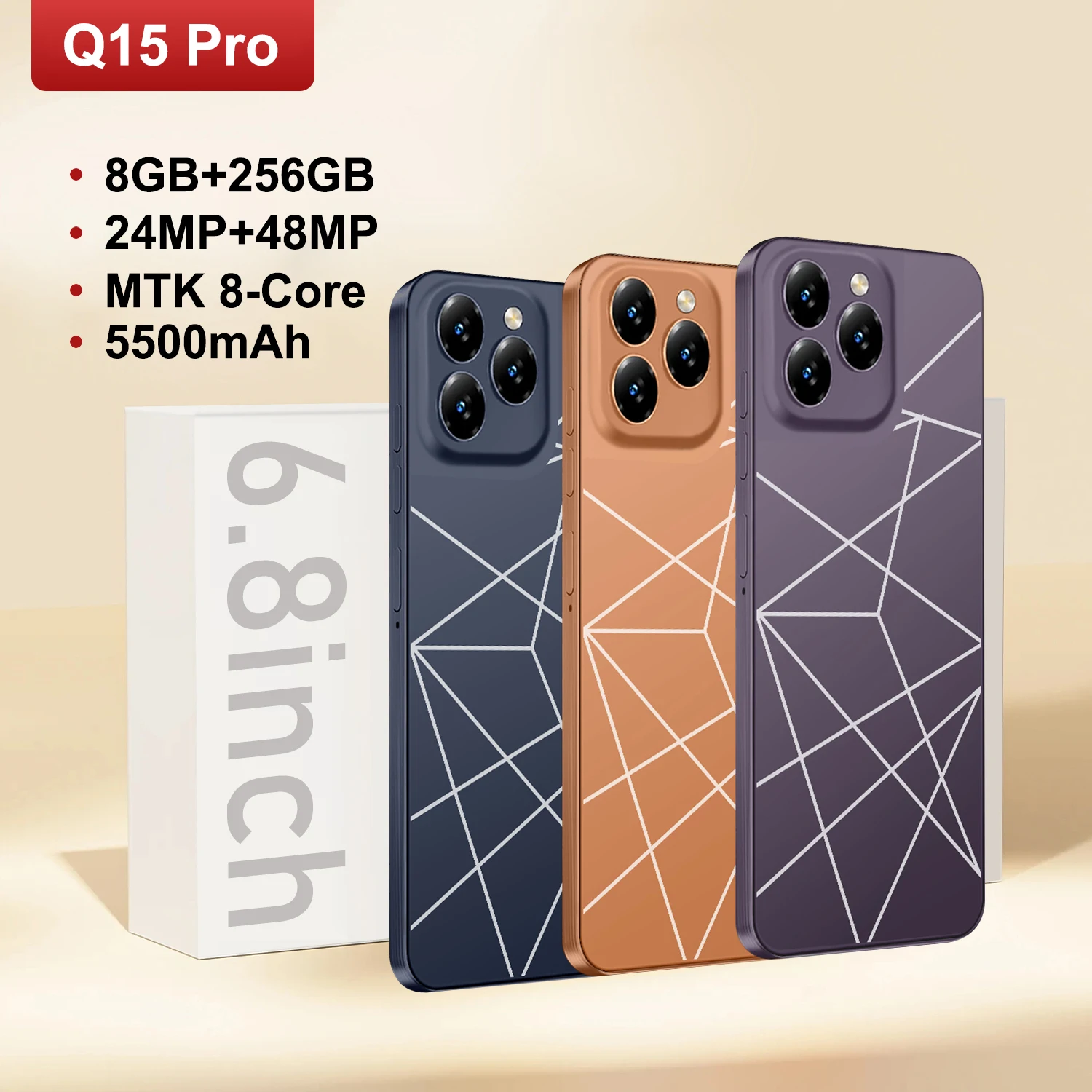 الهاتف الذكي Q15 Pro، هاتف 5G Android، 6.8 بوصة، 8 جيجابايت رام، 256 جيجابايت، شريحة اتصال مزدوجة، هواتف محمولة، متجر جوجل بلاي، 24+48 ميجابكسل، 6800 مللي أمبير في الساعة، هواتف محمولة