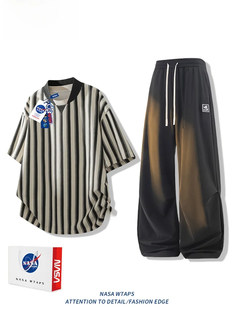 

Мужской летний спортивный костюм WTAPS American Sle Casual: комплект из двух предметов с полосатыми шортами и длинными брюками из полиэстера