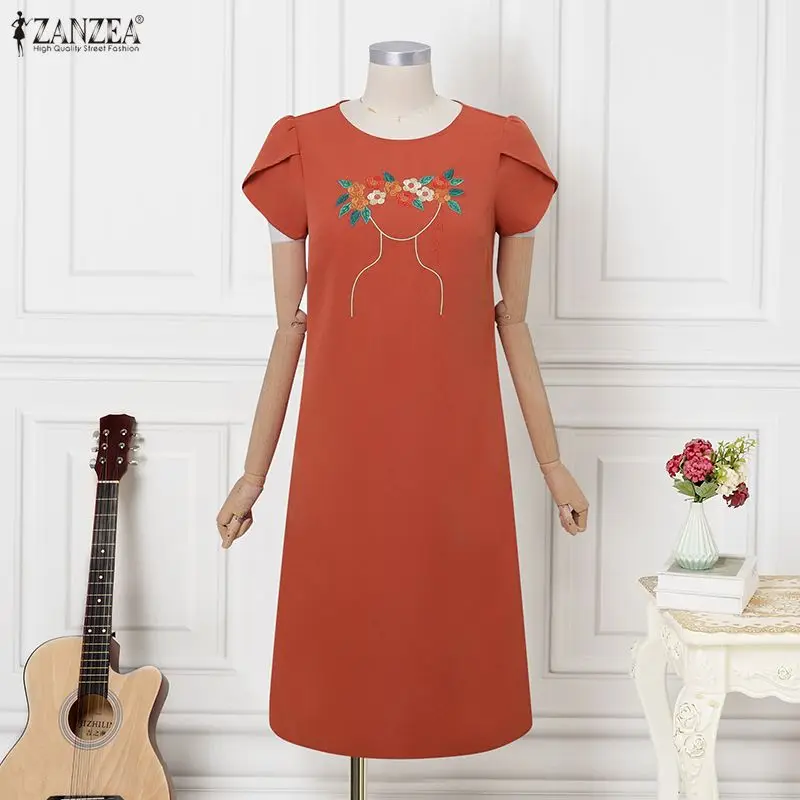 

ZANZEA Summer Women Dress Fashion Floral Embroidery Long Dresses Short Sleeve Vestidos Casual OL Work Party Sundress Streetwear