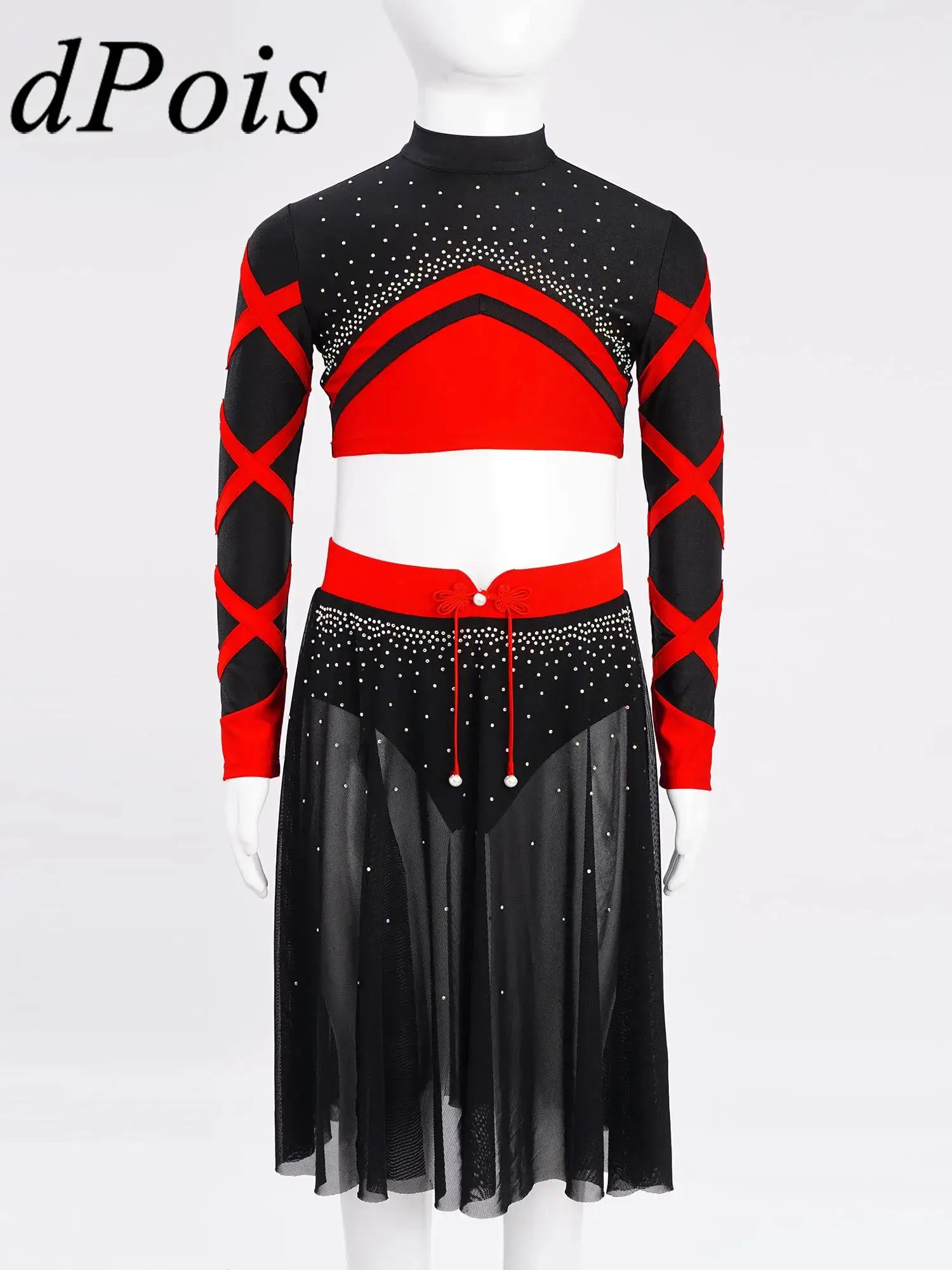 女の子バレエモダン叙情的ダンスパフォーマンス衣装衣装子供フィギュアスケートドレスシアーメッシュクロップトップと不規則なスカート