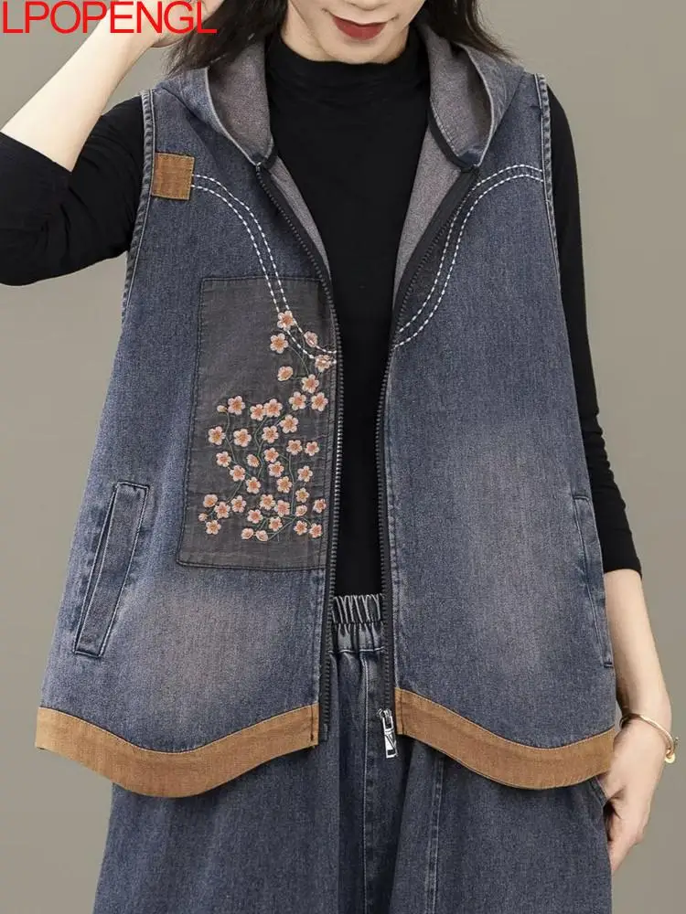 New Ethnic Style Woman Autumn Hooded Embroidery Loose Casual Sleeveless Denim Vest Literary Fashion Cardigan Zipper Outerwear