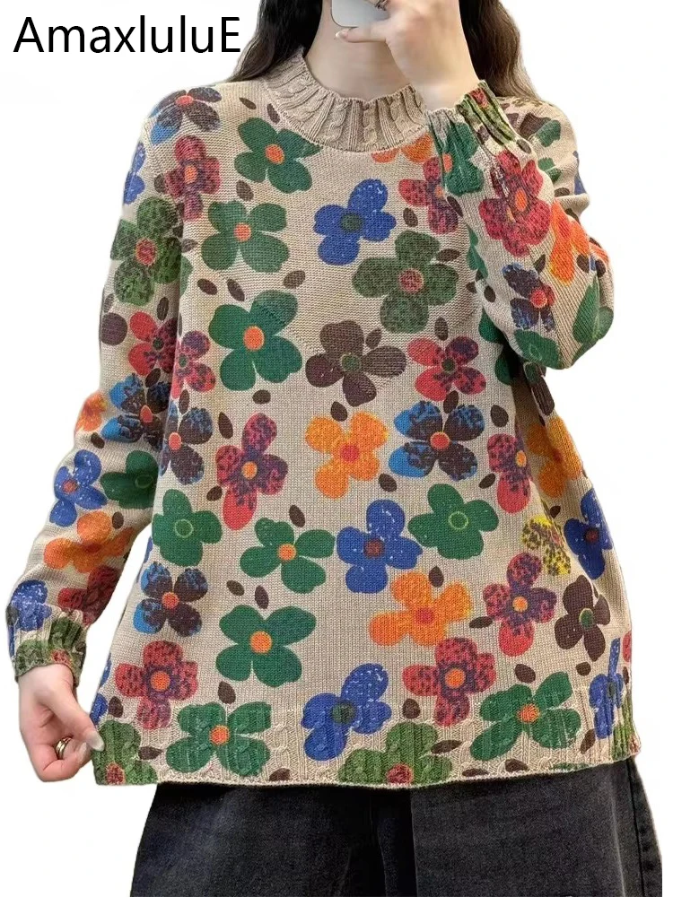 

Amax luluE Winter Fashion Female Printed Classic Floral Sweater Vintage O Neck Jumpers Cotton Loose Womens Leisure Warm Pullover