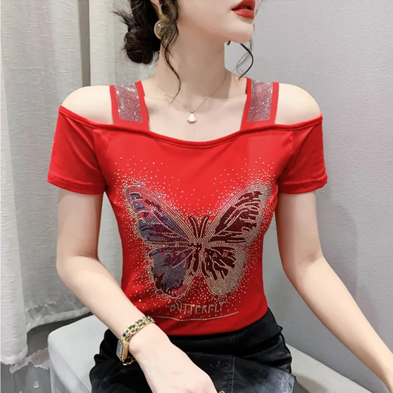 Streetwear Summer Girl Tees New Fashion Sexy Off Shoulder Short Sleeved T-Shirt Chic Butterfly Shiny Diamonds Women\'s Mesh Tops