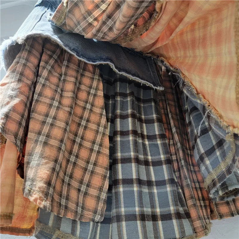 Donne Plaid Denim Patchwork Streetwear Irregolare A-line Minigonna 2025 Summer Street Femminile Classico Jeans Cargo Gonne