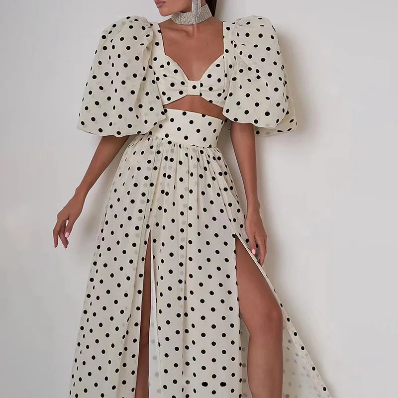 

Elegant Female 2 Piece Skirt Set 2024 Summer Polka Dots Printed High Waist Slit Skirt Short Sleeves Square Neck Cropped Tops