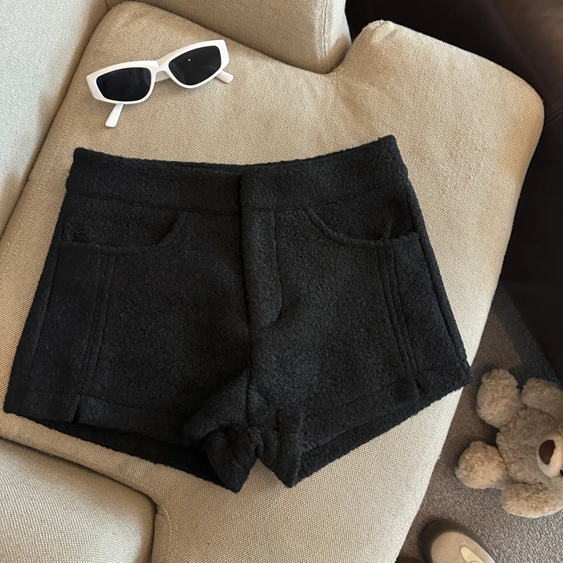 Women's Autumn Winter Wool&blend Wide Leg Shorts Lady Solid Color High Waist Loose Short Pants