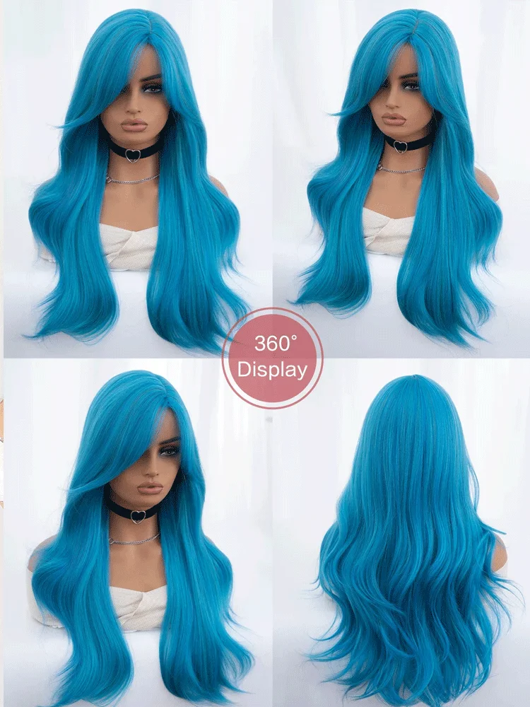 28Inch Sea Blue Color Synthetic Wigs Middle Part Long Natural Wavy Hair Wig For Women Cosplay Drag Queen Party Heat Resistant