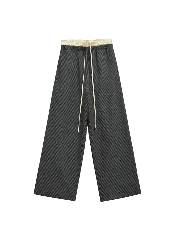 

GELITAYIN TRZA-Women's Patchwork Striped Wide Leg Pants, High Elasticity Waist With Drawstrings, Female Trousers, Chic Fashion