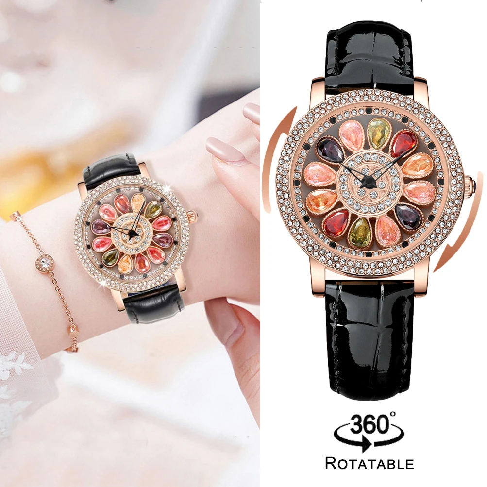 

Модные вращающиеся кварцевые кожаные женские часы, роскошные красочные сверкающие повседневные блестящие женские часы с кристаллами