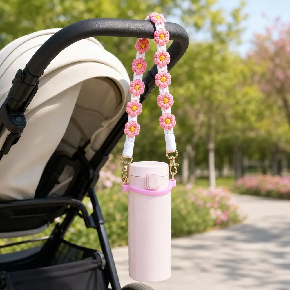 New Silicone Cup Holder Lanyard Polyester Crochet Daisy Flowers Cup Carrier Strap Water Bottle Strap Walking