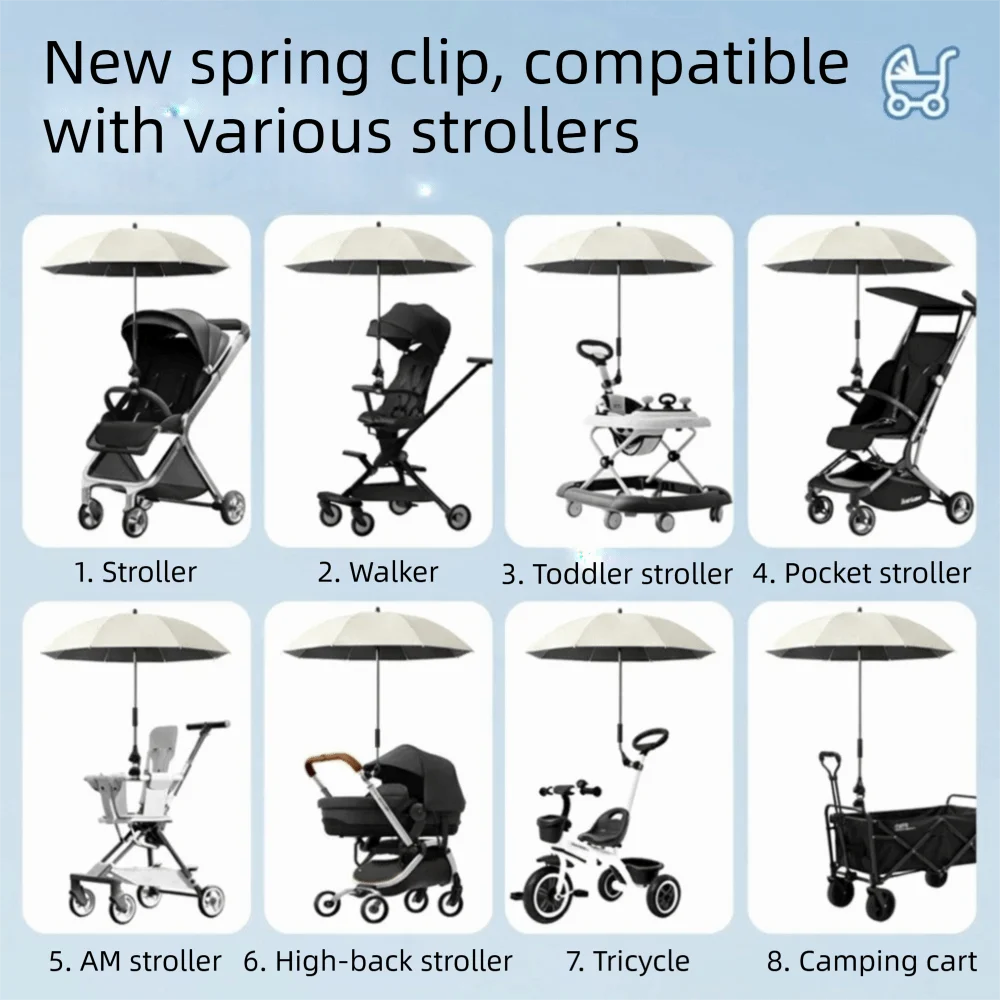 

Adjustable UV Protection Umbrella 2-in-1 Design 360 Degree Pram Cover Umbrella with Clamp Rainproof Baby Stroller Umbrella