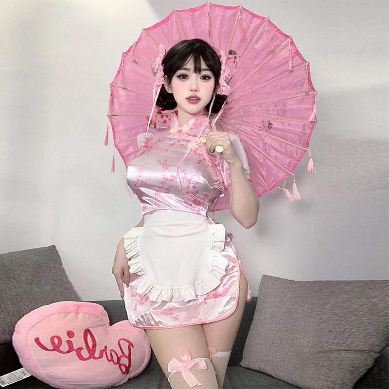 Cheongsam chinês Lolita empregada traje de cosplay para meninas, uniforme bonito, vestido rosa, boneca chinesa, dramatização, roupas fofas