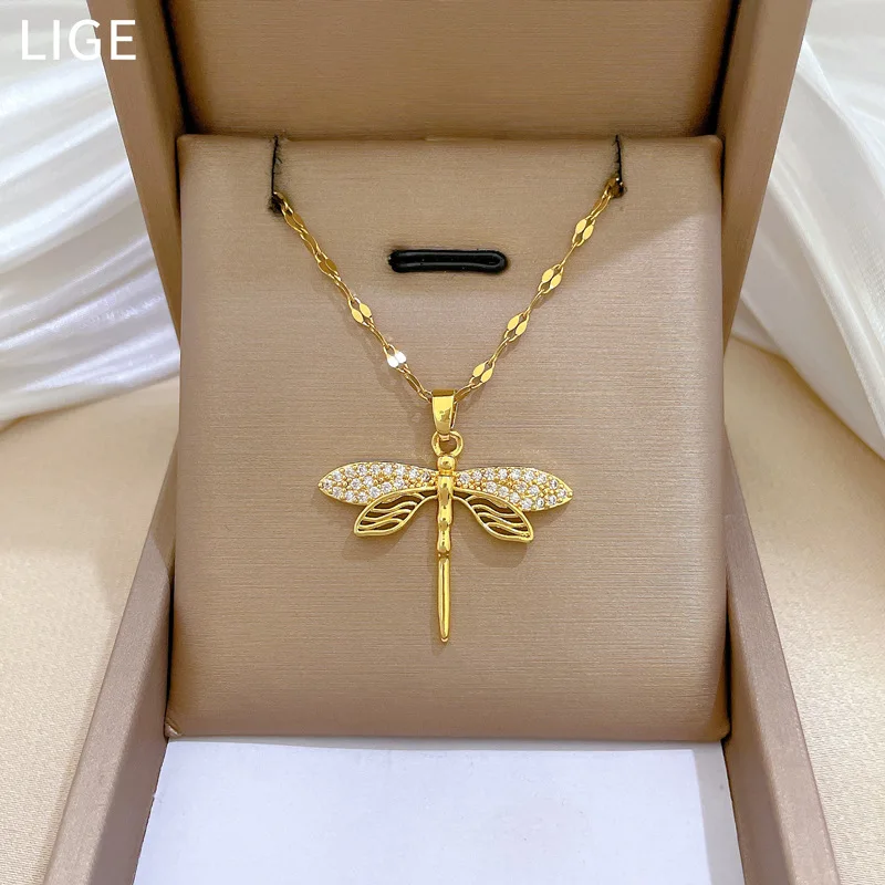 

18K Gold Plated Dragonfly Pendant Necklace For Women Full Zircon Titanium Steel Gold Colr Necklace