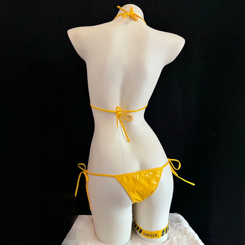 2025 Y2k Micro Bikini Set for Women Danger Caution Printed Swimsuit Punk Backless String Tied Bathing Suit
