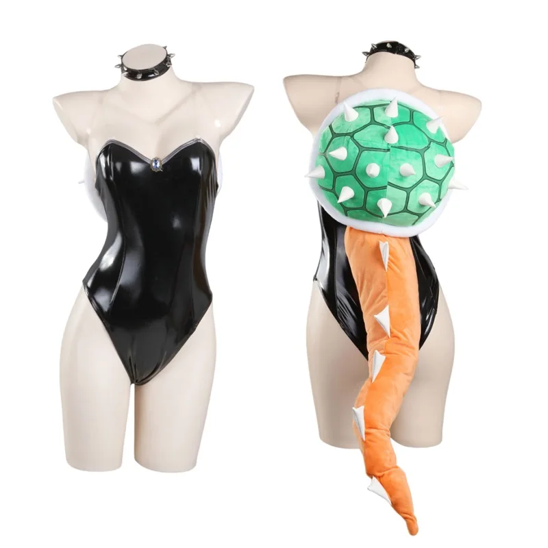 Anime Bowsette Costume Cosplay Principessa Toadstool Pesca Nero Coda di tartaruga Catsuit in lattice per eventi di gioco