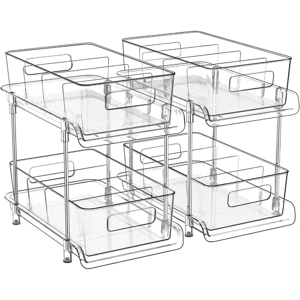 

2-Tier Pull Out Organizer – Clear Under Sink Cabinet Storage with Dividers for Bathroom Kitchen Pantry (Waterproof, No Assembly)