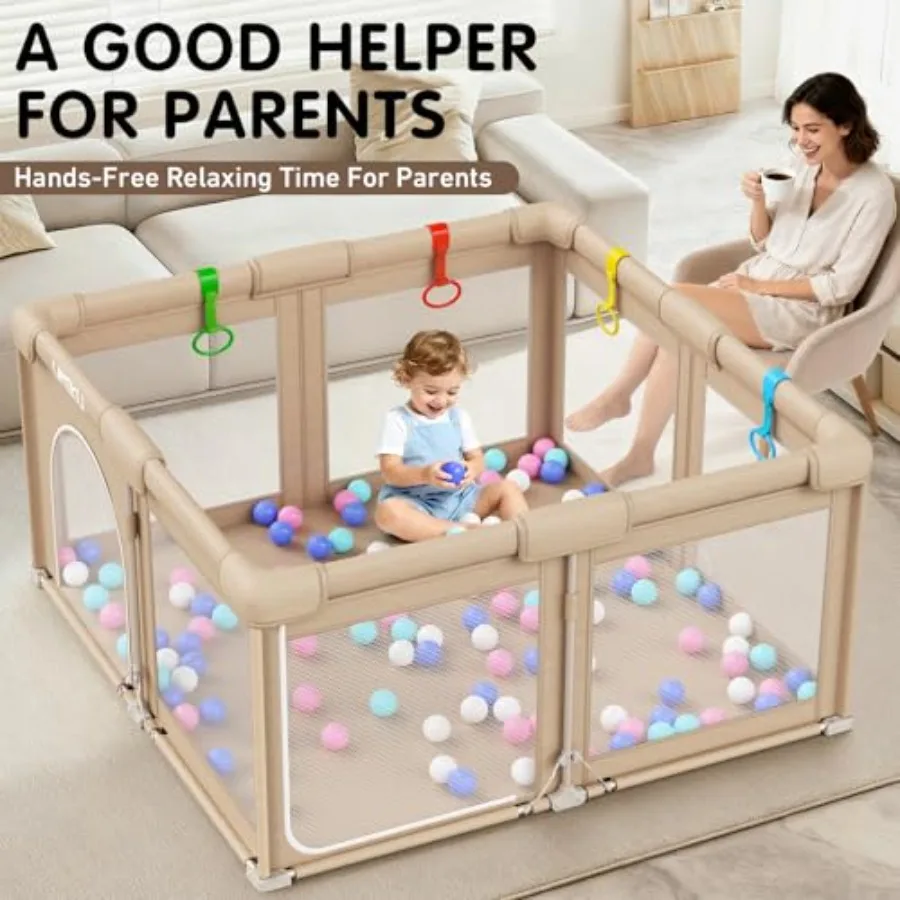 روضة أطفال قابلة للطي للأطفال الرضع والأطفال الصغار، قلم لعب كبير محمول مع بابين و4 مقابض 50 كرة، 50 × 50 بوصة كاكي #4