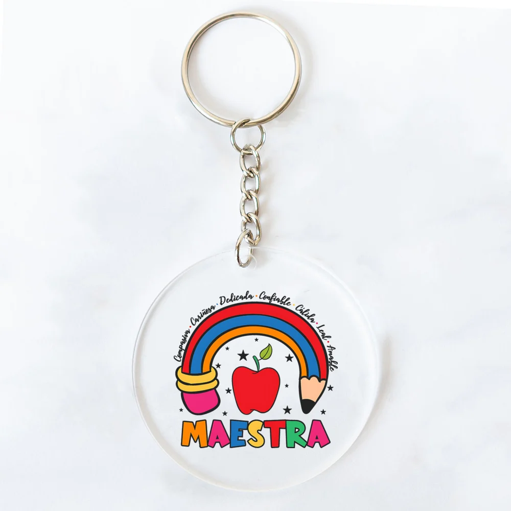 Back To School Gift Keychain Spanish Maestra Acrylic Keychain Cute Rainbow Pencil Pattern Keyring Pendant Decoration