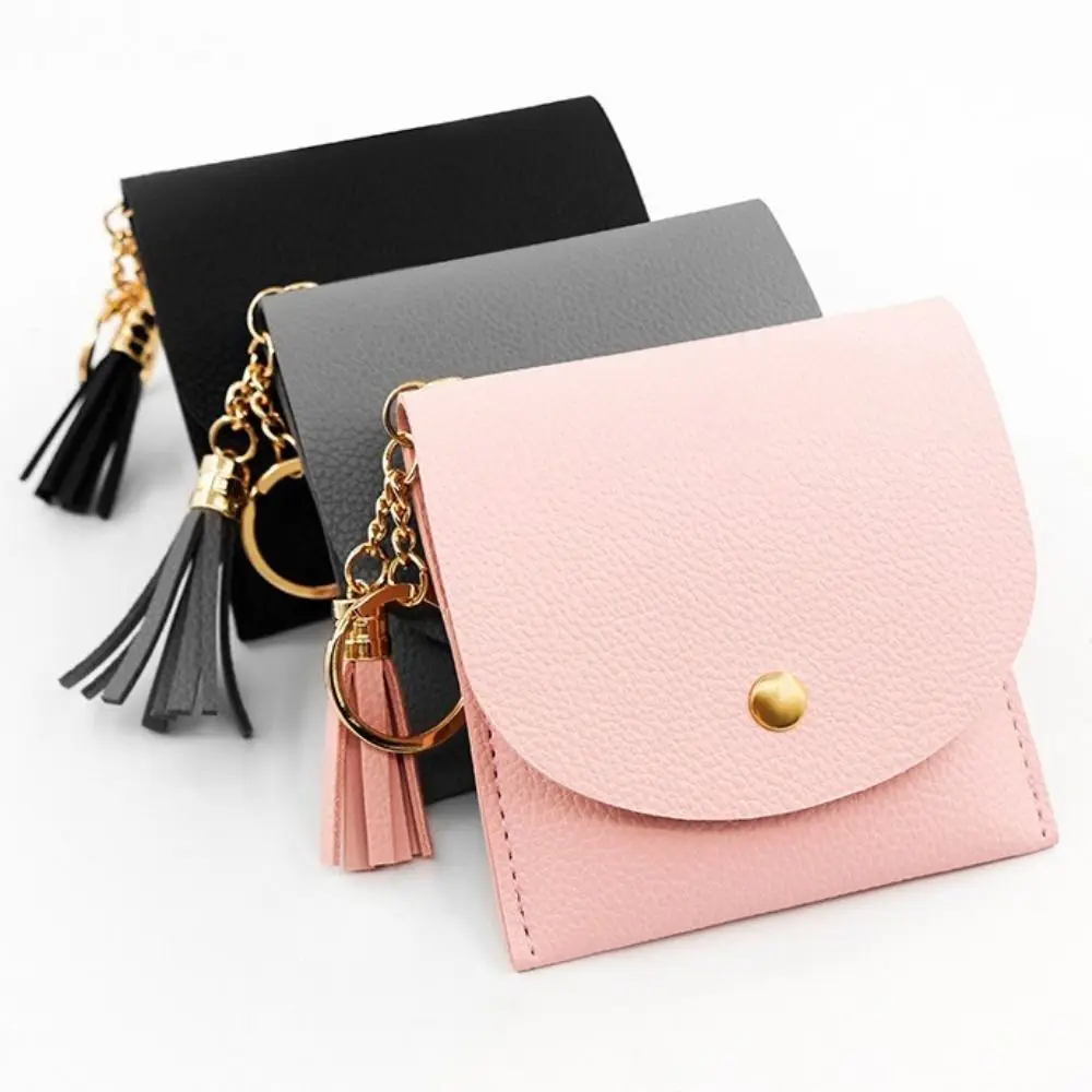 Mini PU Leather Coin Purse Multiple Slots Solid Color Card Holder with Tassel Pendants Key Bag for Women