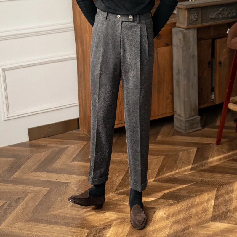 Autumn Winter High-Waisted Woolen Casual Pants For Men Warm Straight-Leg Draped Narrowing Legging Casual Suit Pants