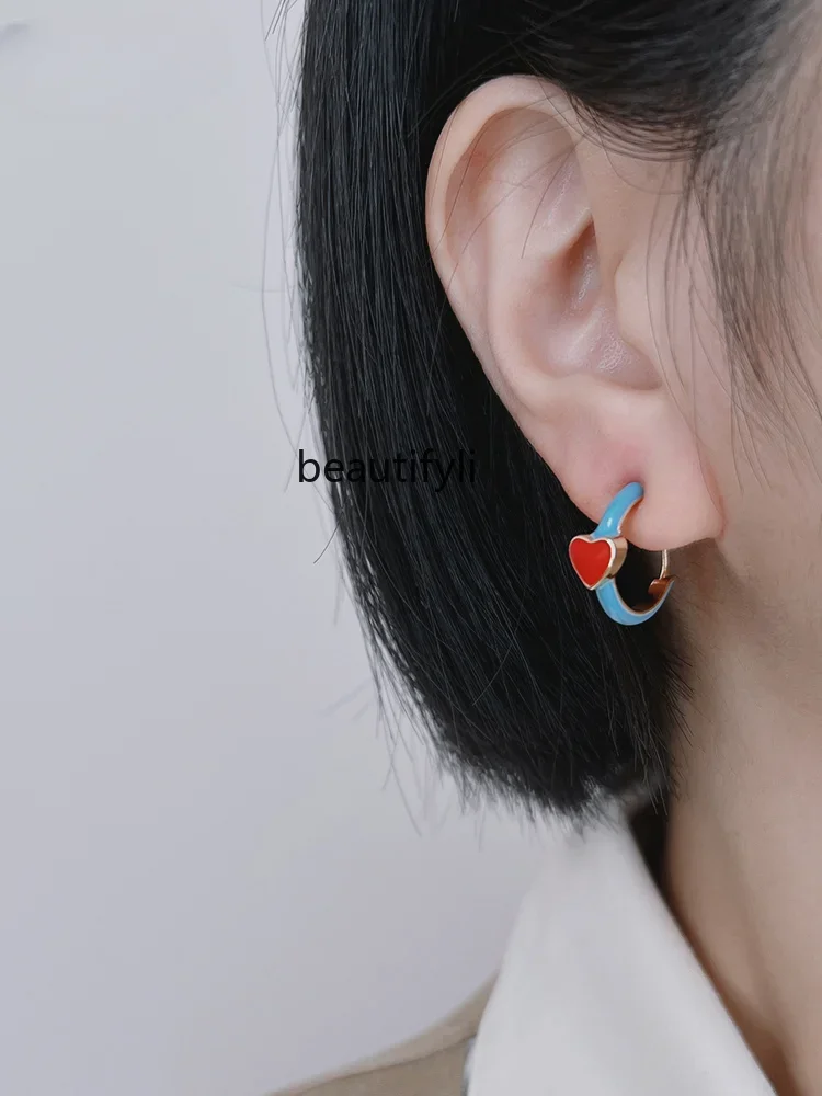 yj Love Blue Small Ear Ring without Piercing One-Piece Ear Clip Simple Silver Needle