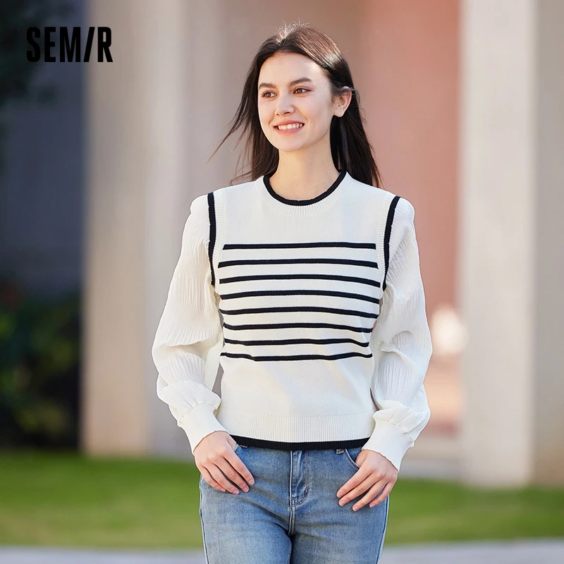 Semir Knitwear Women Short Fake Two-Piece Striped Temperament 2024 New Spring Pullover Commuting